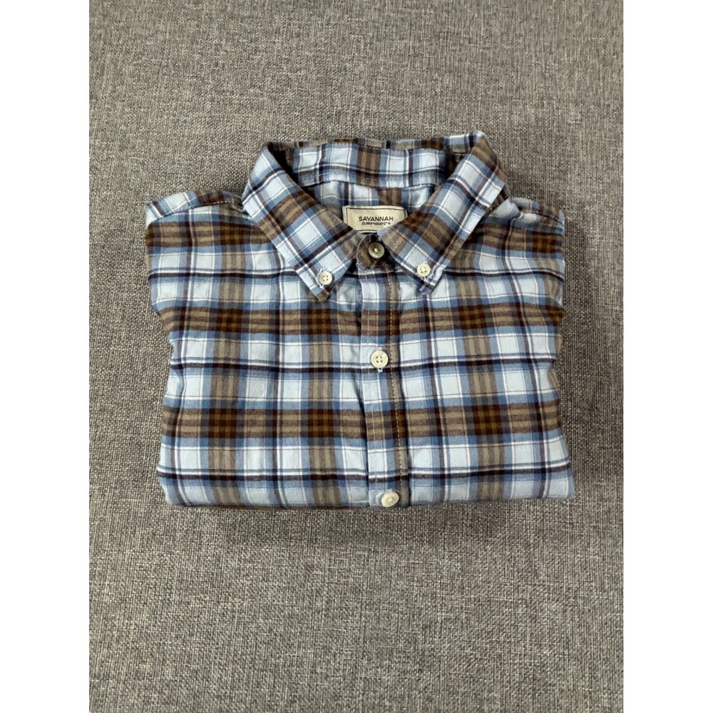 Savannah Shirt Plaid Button Down Long Sleeve Blue Brown Tencel Stretch Women's L - Picture 10 of 11